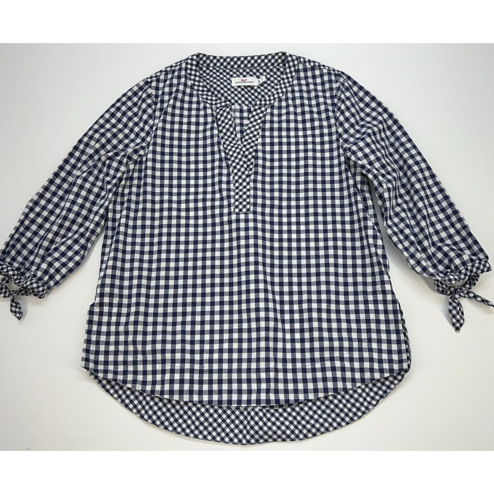 Vineyard Vines V Neck 3/4 Sleeve With Ties Cotton Shirt Woman's S Navy Check